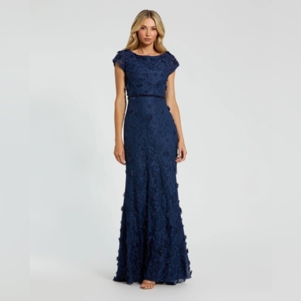 Mac Duggal 67711 Midnight Navy Blue 12 Floral Applique Sleeve Gown Dress Maxi